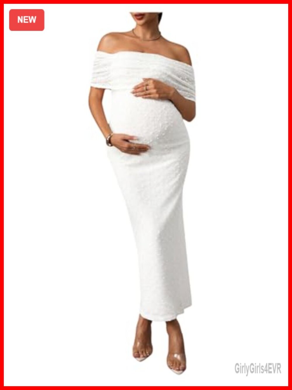 Maternity Off The Shoulder Swiss Dots Bodycon Maxi Dress for Photoshoot Elegant